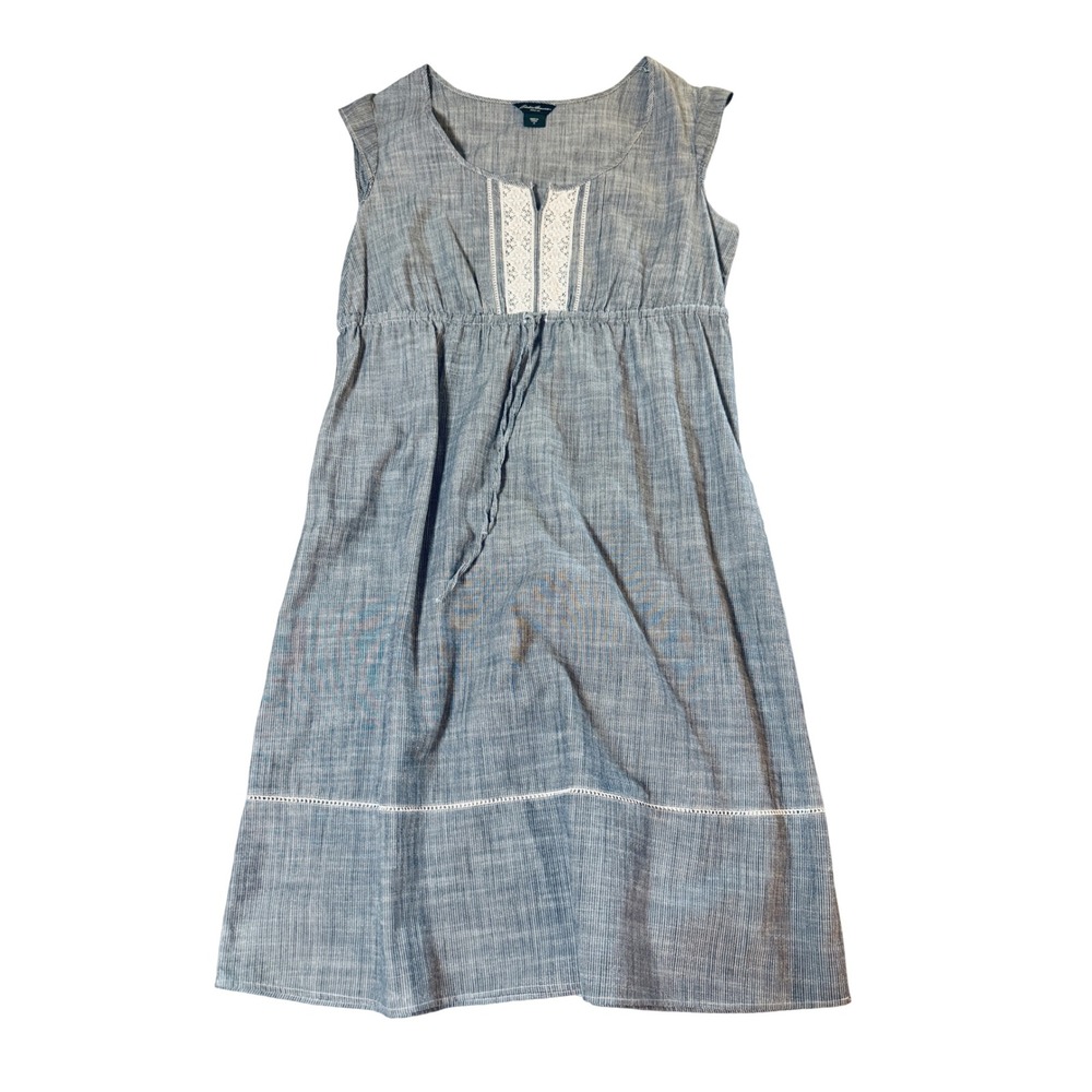 NWOT Eddie Bauer SZ 12 Gray Blue Stripe Drawstring Cotton Lace Cap Sleeve Dress